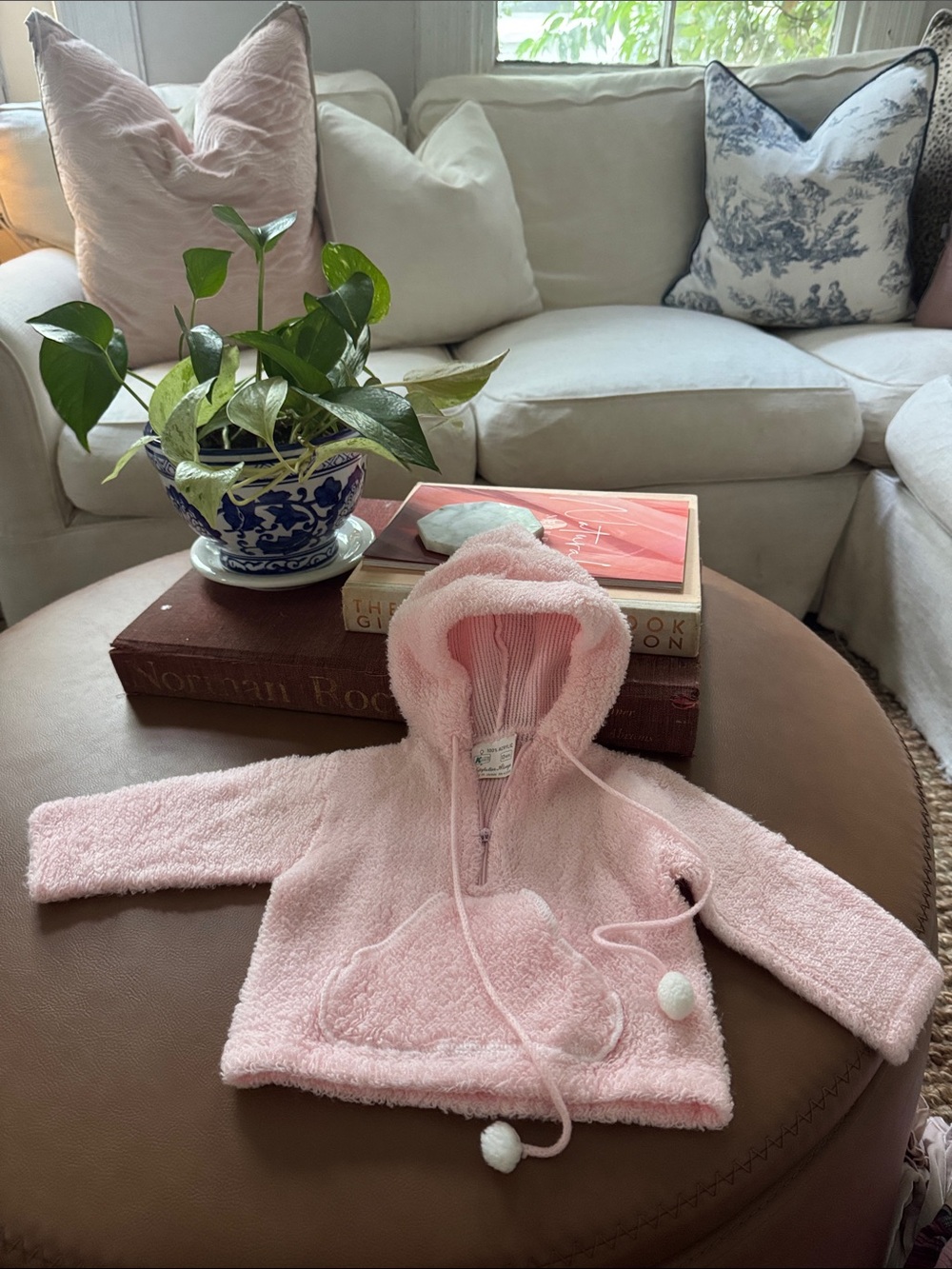 Vintage Pink Plush Hooded Baby Jacket with Pom-Pom Ties